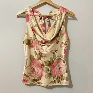 Y2K Banana Republic 100% Silk Pink Floral Blouse with Cowl Neck, Open Tie Back